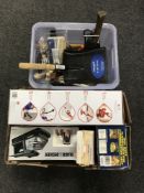 Two boxes of assorted hand tools, steam cleaner, flood light,