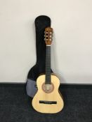 An Eleco acoustic guitar in carry bag with book