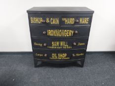 A Victorian bow-fronted five drawer painted chest with sign writer's advertising