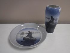 A Royal Copenhagen vase and plate depicting the Mermaid statue
