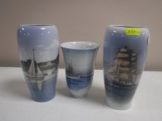 Three Royal Copenhagen vases depicting boats on water