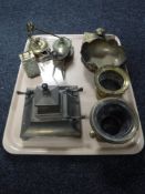 A tray of assorted brass ware including desk stands, blotter,