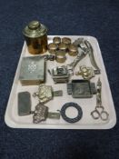 A tray of assorted brass ware including napkin rings, table box,