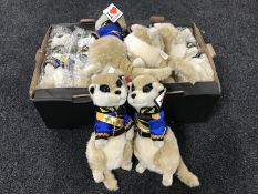 A box containing greetings cards together with a box of Meerkat soft toys and six assorted framed