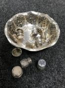 Seven miniature silver salt and pepper pots,