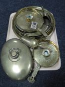 A tray of assorted brass ware including wall plaques, trays,