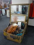 A box of two gilt mirrors, lady's Radley bags,