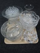 A tray of assorted glass ware including jug, ash tray,