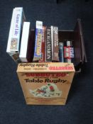 A box of vintage board games, Subbuteo, table rugby,