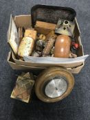 An Art Deco oak canteen and a box of barometer, wooden trinket boxes, brass ware,