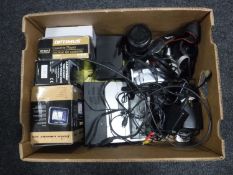 A box of sat nav system, assorted cameras and accessories, dictation machine,