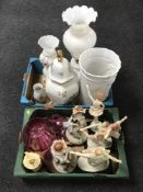 Two boxes of coloured glass ware, figures, china stick stand, table lamps,