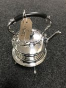 A Walker and Hall plated spirit kettle on stand with burner