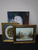 A gilt framed A. Henry oil on canvas, an unframed oil on canvas signed R.