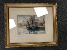 John Valentine : Fishing boats moored on North Shield fish quay, watercolour, signed, 17 cm x 25 cm,