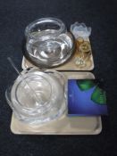 Two trays of assorted Danish glass ware including egg cups, boxed Royal Copenhagen Lotus ash tray,
