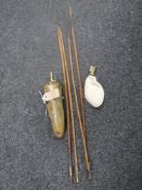A horn powder flask, together with a shot pouch and 4 tribal arrows.