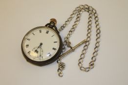 A silver open faced pocket watch upon silver Albert chain with T-bar