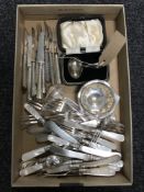 A box of silver and electroplated cutlery - baby spoon,