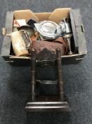 A box of metal ware, Eastern gong on stand, horn tankard,