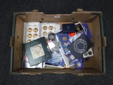 A box of a large quantity of various collectable coins, proof sets,