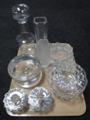 A tray of assorted Danish glass ware including two graduated Holmegaard bowls, ash tray,