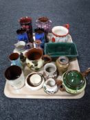 A tray of assorted pottery including vases, tourist pottery teapot and milk jug,