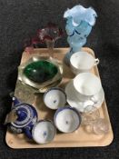 A tray of Wedgwood jasper ware miniature teapots, willow pattern finger bowls,