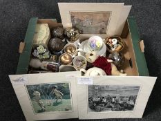 A box containing commemorative china, tins, four unframed Art Deco prints,