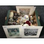A box containing commemorative china, tins, four unframed Art Deco prints,