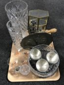 A West German vase, two contemporary vases and a tray of glass ware, pewter wall clock, goblets,