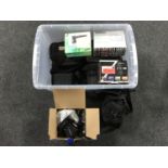 Two crates of assorted digital cameras, JVC video cam,