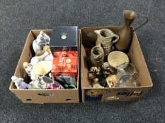 Two boxes containing Aynsley vases, Doulton and other figurines, boxed glass ware,