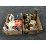 Two boxes containing Aynsley vases, Doulton and other figurines, boxed glass ware,