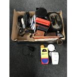 A box containing kitchen electricals, cameras, Music mate, karaoke machine,