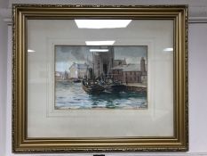 John Valentine : Fishing boats moored on North Shields fish quay, watercolour, signed,