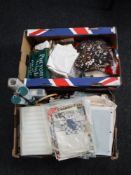 Two boxes of bed throw, table linen, beer mats,