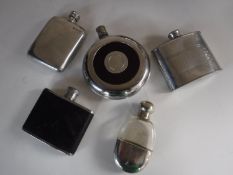 A box of five hip flasks