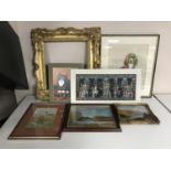 A Victorian gilt and gesso picture frame, two oil paintings, pastel drawing, Indian painting,