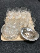 A tray of lead crystal drinking glasses, plated bowl,