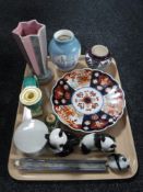 A tray of Imari plate, Art Deco chalk vases, vase, American vases,