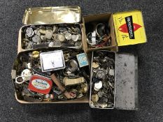 Two trays of wrist watch and clock parts,