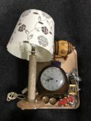 A pottery wash jug and basin, a tray of Smiths mantel clock, Bakelite table lamp and shade,