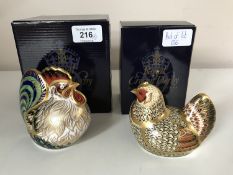 Two limited edition Royal Crown Derby paperweights with gold stoppers, Farmyard Cockerel No.