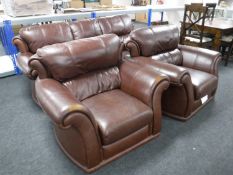 Three piece brown leather lounge suite