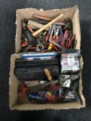 Two boxes containing assorted hand tools, cased Draper socket set,