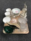 A mid 20th century 6 1/2 gallon glass bottle together with a tray containing bone china tea wares,