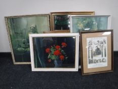 A gilt framed bevelled mirror together with six assorted framed prints