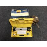 A cased laser level together with a 500kg chain block and a boxed Workzone pressure washer