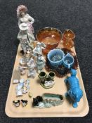 A tray of continental figures, china dolly tops, coloured glass ware,